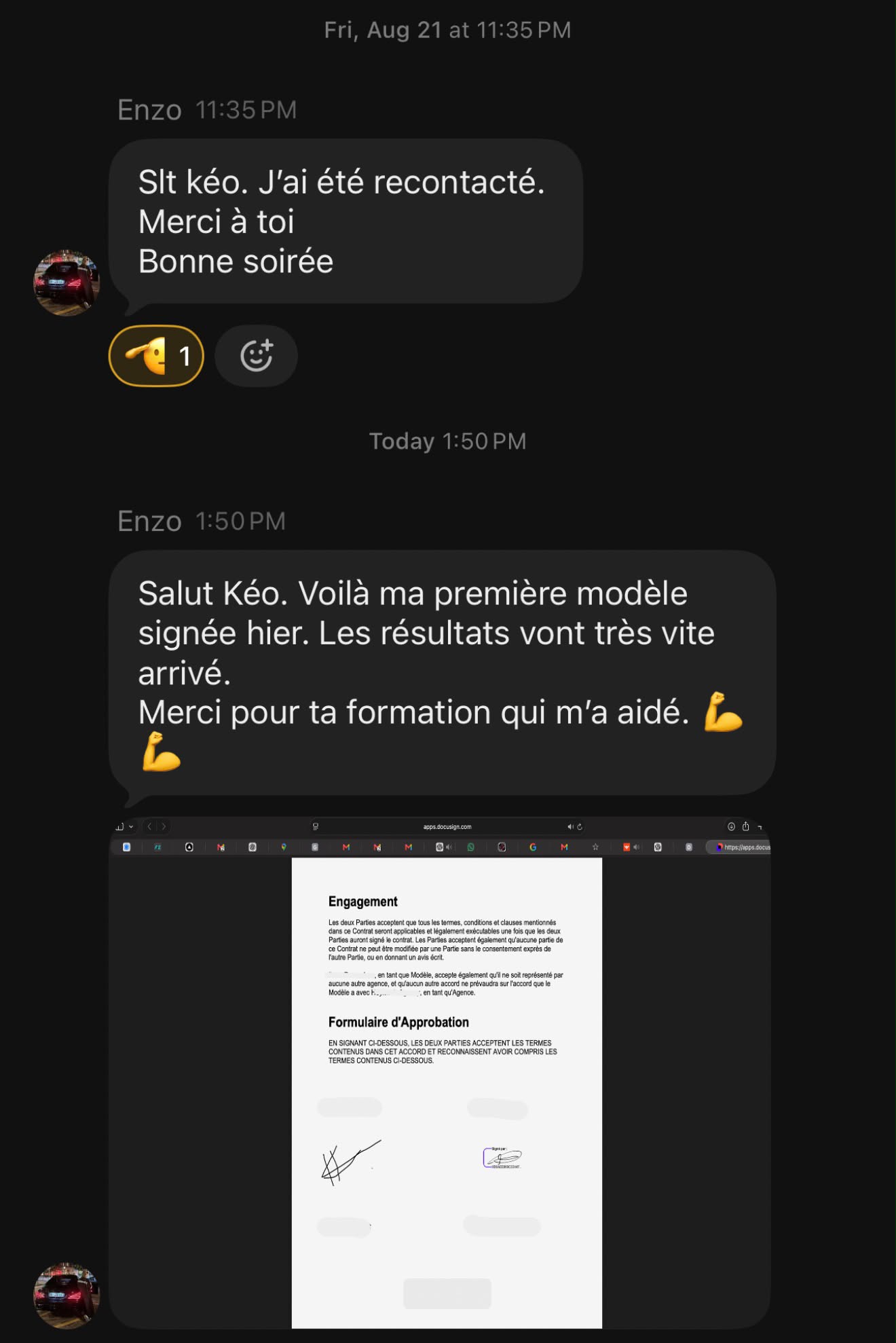 Message WhatsApp D'Enzo : sa première cliente signée