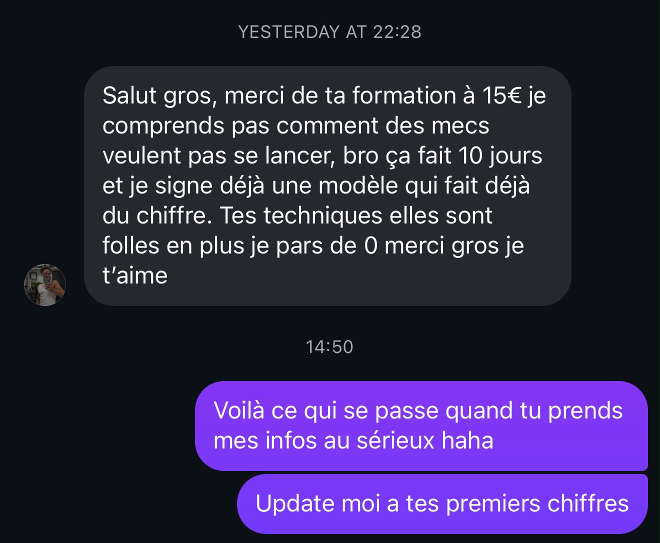 Message WhatsApp d'un membre : première cliente signée en 10 jours